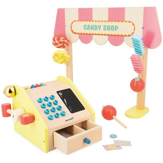 Janod - Kinder-Kaufladen Applepop - Rollenspiel mit Registerkasse - 19 Zubehörteile - Fördert die Fantasie - Spielzeug aus FSC-Holz - Wasserfarbe - Ab 3 Jahre, J03350
