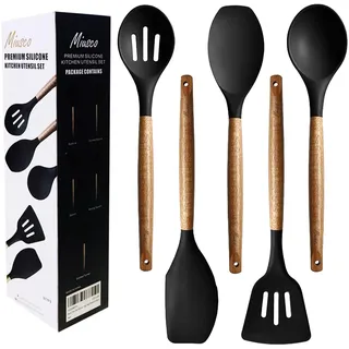 Miusco Silikon Kochlöffel Set, Antihaft-Küchenutensilien, 5-teilig, Küchenhelfer Mit Akazien-Hartholzgriff, Schwarz, BPA-frei, Zum Backen & Servieren