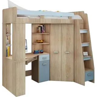 Hochbett mit Schreibtisch, Schrank und Regalen - Platzsparendes Jugendbett - Komplettes Möbelset (120x204 cm) - Kinderbett 80x200 cm mit Stauraum - Treppe Rechten Seite (Eiche Sonoma/Himmelblau)