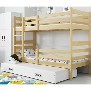 Interbeds Etagenbett für 3 Kinder Stockbett Hochbett 200x90 Holzbett Kiefernholz Kinderbett zusätzlicher Schlafplatz in der Schublade Jugenbett mit Lattenrost und Rausfallschutz (200x90)