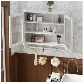 STILVORA Hängeschrank Wandschrank mit Glastür&Doppeltür,Beistellschrank mit Handtuchhalter (Vintage 63 cm Wandregal mit Doppelglastüren – 3 Stufiger Stauraum mit Handtuchhalter, Naturholz – Wandmontage für Badezimmer, Küche, Esszimmer – Stabil & Platzsparend) Gewichtskapazität: 5 kg pro Regal weiß