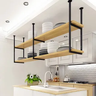 KEPMOGOH Industrie Deckenregal Hängeregal, 2-lagiges Deckenmontage Lagerregal Schwebendes, Hängendes Metall Weinregal, für Restaurant, Bar, Cafe, Küche (140×30×60cm)
