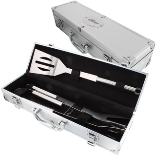 Grill-Besteck-Koffer mit Zubehör - Grill-Zange, Heber, Grill-Gabel - und Ihrer persönlichen Gravur