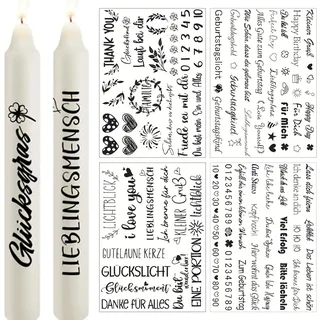 4 Bogen Kerzen Tattoo Folie A4 Kerzensprüche Kerzenaufkleber LIEBLINGSMENSCH Happy Birthday Geburtstag Kerzentattoos Dekorative Kerzen Wasserschiebefolie für Stabkerzen Basteln DIY