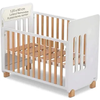 Interbaby Babybett 120x60 Holz Seitenteil Abnehmbar, 8 Höhen (Weiß) | Gitterbett Massivholz nachhaltig, nach EU-Norm geprüft, abnehmbares Seitenteil, Räder mit Bremse oder feste Füße 120x60