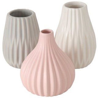 Blumenvase aus Keramik im 3er Set Mattes Design Mehrfarbig Höhe 14 cm Tischdekoration Moderne Vase Tischvase - Grau Rosa Weiß