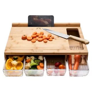 Schneidebrett mit Schubladen, Bambus, Tablet-Halter, 43x31,5 cm - Braun