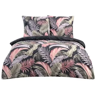 yadetextil Bettwäsche Bettwäsche 240x220 cm 3 teilig set, Hena, Renforce, 3 teilig, schwarz,100% Baumwolle/Renforcé bunt palmblatt gemustert rot|schwarz