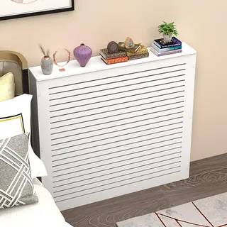Holz Heizungsverkleidung, Heizkörper Verkleidung Abdeckung, Weiß Holz Heizungsverkleidung, Modernes Lamellen-Design, Heizung Abdeckung, Heizung Heizkörper Abdeckung für Wohnzimmer, Schlafzimmer(80x80x