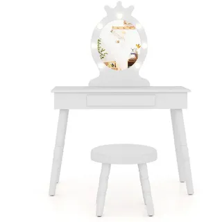 COSTWAY Schminktisch Kinderschminktisch mit Hocker, mit LED Beleuchtung weiß