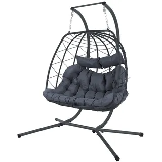 ALEOS. Doppel Twin Rattan Geflecht Korb Hängesessel m Gestell Dicker Poster | Modell KORFU, Inkl. großem dickem Polster, Indoor und Outdoor, Komplett-Set