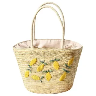 DOTBUY-SHOP Zitrone Stroh Strandtasche, Elegant Korbtasche 2025 Strohtaschen Damen Sommer Leger Korbtaschen Damen, Handgewebte Sommertaschen Basttasche für Sommerurlaub, Reisen & Urlaub (Beige) - 40 x 25 cm