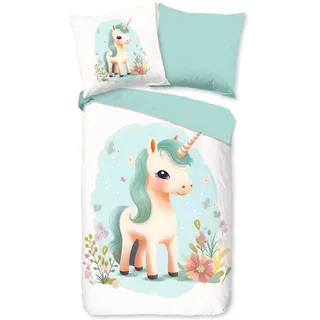 Traumschlaf Flanell Einhorn Grün 135 x 200 cm + 80 x 80 cm