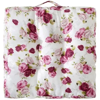 wometo Stuhlkissen Matratzenkissen Rosi 40x40 8cm dicke Polsterung, OEKO-TEX® Bodenkissen mit Rosen-Motiv und Tragegriff, Landhaus-Stil rosa