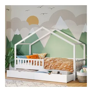 Bellabino Hausbett Vils 90x200 cm mit Rausfallschutz & Lattenrost (inkl. Schublade, optional mit Matratze), Kinderbett auch verfügbar mit Gästebett/ohne Schublade weiß
