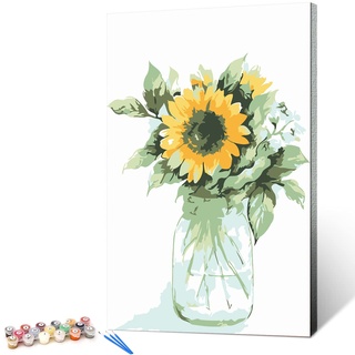 Hrobig Malen Nach Zahlen Erwachsene Blume - Sonnenblume, DIY Handgemalt Ölgemälde Leinwand Set mit 3 Pinsel und Acrylpigment für Geschenke und Maldekorationen - 40 x 50 cm (Ohne Rahmen)