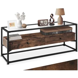 tectake® Industrial Lowboard, Kommode mit Schubladen, TV Schrank Regal mit Glas Ablage, Sideboard Wohnzimmer 121,5 x 41,5 x 50,5 cm, Fernsehtisch, TV Ständer - Industrial Dunkelbraun
