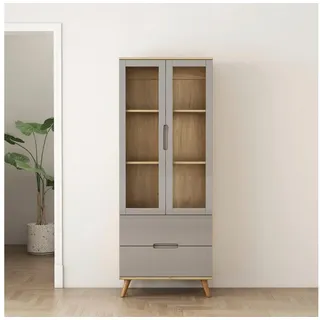 OTTO home Highboard Lund, mit glänzenden Fronten, Glastüren, helles Holzdekor, Breite 70 cm beige|grau