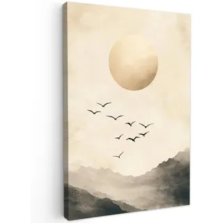 LEINWANDBILD Landschaft - Japandi - Vogel Wanddeko Schlafzimmer 60x90 cm