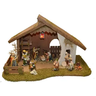 Alfred Kolbe Krippe Krippenstall ohne Trafo, mit Laterne, Busch, Lagerfeuer, Holz, 11 cm Figuren 11tlg. braun