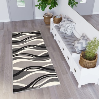 TAPISO Dream Teppich Läufer Flur Brücke Modern Streifen Wellen Muster in Grau Weiss Schwarz Korridor Wohnzimmer ÖKOTEX 60 x 150 cm