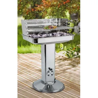 Säulengrill mit 5-fach höhenverstellbarem Grillrost, 2 Klapp-Haltegriffen, Warmhalterost, Windschutz und Ascheschublade, rostfreier Edelstahl - Silber