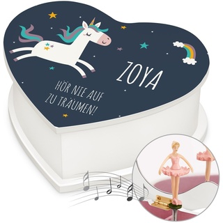 Maverton personalisierte Musikschmuckdose in Herzform mit Aufzieh-Spieluhr - Schmuckkästchen Ballerina Spieldose - Herz Schmuckkiste für Mädchen zur Taufe Erstkommunion - zu Weihnachten - Einhorn