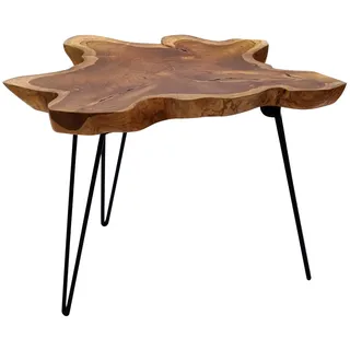 Brillibrum Design Teakholz Klapptisch Wohnzimmertisch Holz Beistelltisch einzigartige Teak Tischplatte auf Metallgestell Couchtisch Holz Baumscheibe klappbar Teaktisch 45 cm Höhe