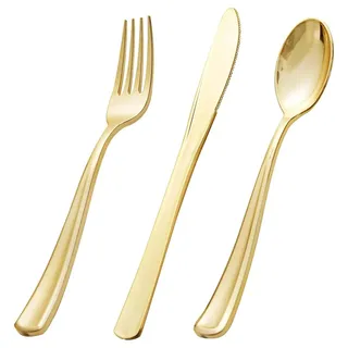 30 PCS Gold Kunststoff-Besteck-Set,Plastikbesteck,Plastic Besteck strapazierfähige Utensilien für Party&Hochzeit,Mehrweg-Besteckset Plastik Party Besteck,10 Gabeln,10 Löffel,10 Messer (Golden)