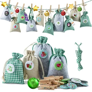 Adventskalender zum Befüllen Weihnachtskalender Stoffbeutel zum Selberfüllen, 24 Groß Stoffsäckchen Kette zum selber befüllbar und Aufhängen, Grün Grau Jutesäckchen für Kinder (Grün)