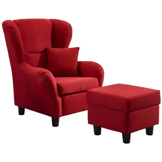 luma-home schönes für dein zuhause Ohrensessel mit Hocker Strukturstoff 90 x 98 x 76 cm Rot