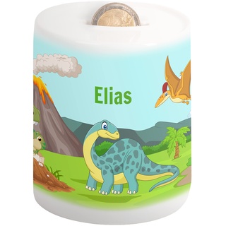 Kinder-Spardose mit Namen personalisiert „6 Bunte Dinosaurier“ – Keramik Spardose für Mädchen & Jungen - Geschenk zur Einschulung, Taufe, Geburtstag, Weihnachten - Geldgeschenk-Verpackung (Dinos)