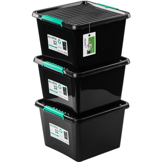 PAFEN 3x Aufbewahrungsbox mit Deckel Öko-Linie 32L - 39,5 x 39,5 x 26 cm - Boxen Aufbewahrung Stapelboxen mit Verschlussclips Kunststoffbehälter Kleiderboxen Organizer | Schwarz