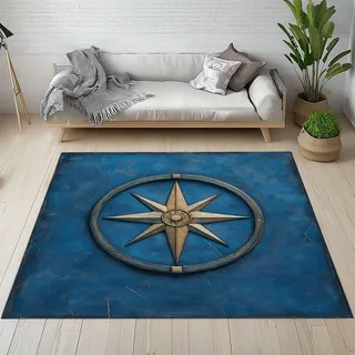Dpvbffx Kompass Fußmatte 60x90 cm, Nautische Meer Abenteuer Teppich Klein rutschfest, Vintage Maritim Waschbarer Teppich Kurzflor Weich, Teppiche Gegend Schmutzfangmatte fur Innen Outdoor Eingang