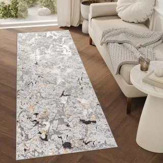 TAPISO Crystal Läufer Teppich Glänzend Hellgrau Gold Creme Marmoreffekt Abstrakt Wohnzimmer Schlafzimmer Flur Korridor Modern Design ÖKO-TEX 120 x 200 cm