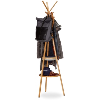 Relaxdays Garderobe mit Ablage, dreiarmiger Bambus Kleiderständer mit 6 Haken, Kleiderablage HxBxT: 171x50x50cm, natur