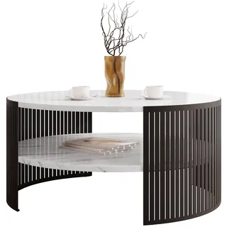 Mirjan24 Couchtisch mit Ablage Fahugin, Runde Form, Beine aus Metall, Kaffeetisch, Wohnzimmertische, Beistelltisch, Sofatisch, Teetisch (Bianco Marmor, Schwarz)