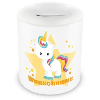 Samunshi® Kinder Spardose mit Namen und Knuffiges Baby Einhorn als Motiv für Kinder - Jungen und Mädchen Sparschwein 330ml weiß
