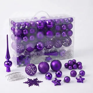 Kunststoff Christbaumkugel Set 111-teilig bruchsicher - lila - Design Weihnachtskugeln inklusive Metall Haken