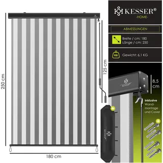 Kesser Senkrechtmarkise Außenrollo 180 x 250 cm Grau/Weiß
