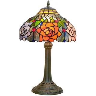 Blivuself Tiffany Lampe Glasmalerei Lampe rot orange lila rosa Rose Tischlampe für Schlafzimmer Nachttisch Lesen Schreibtisch Licht Wohnen Büro Retro 12“ Village Style Geschenk Nachttischlampen
