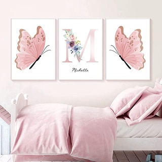 HMXQLW Rosa Blumen Schmetterling Wandbilder Aquarell Bilder kunstdrucke Mädchen Kinderzimmer Deko,Leinwandbilder Moderne Poster und Drucke Wandkunst Kinderzimmer Rahmenlos (3X20X30CM)