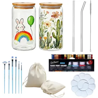 NIYATA Gläser Bemalen Set für Erwachsene – 2 Trinkgläser (à 500 ml) | mit Deckel & Strohhalmen, 6 Farben, Pinsel & Palette – DIY Bastelset & Geschenkidee für Matcha, Eiskaffee