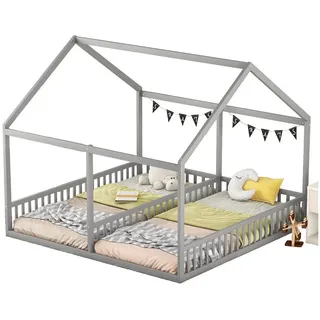 Flieks Kinderbett, Massivholz Einzelbett Doppelbett Hausbett 90x200cm 2 Liegefläche grau