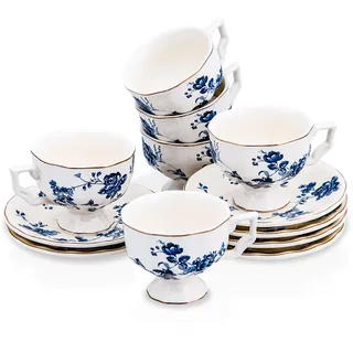 Prefdo Teetassen und Untertassen, britischer Vintage-Stil, Porzellan, Tee-/Kaffeetassen, Espresso, Latte-Tassen für Frauen, Teeparty, Café, Zuhause, Geburtstag, Weihnachten, 6 Stück (blaue Orchidee)