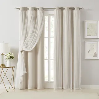 Bujasso Beige 90% Verdunkelungsvorhänge mit durchscheinender Overlay, doppellagig, wärmeisoliert, Fensterpaneele, 213.4 cm, für Wohnzimmer, Schlafzimmer, Ösen oben, 94 cm Bx240 cm Lx2 cm