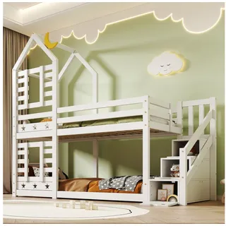 Flieks Etagenbett, Kinderbett Hausbett mit Stauraum unter der Treppe 90x200cm weiß 97 cm x 245 cm x 217 cm