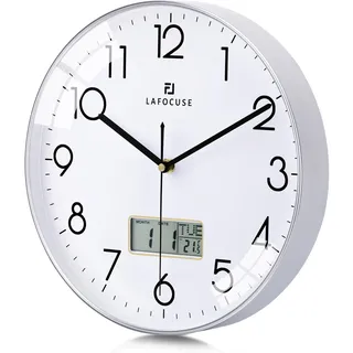 Lafocuse Lautlos Wanduhr mit Kalender Digital LCD, Modern Wanduhr mit Datum Wochentag und Thermometer, Silber Analog Quarzuhr für Wohnzimmer Schlafzimmer Büro Küche 30cm