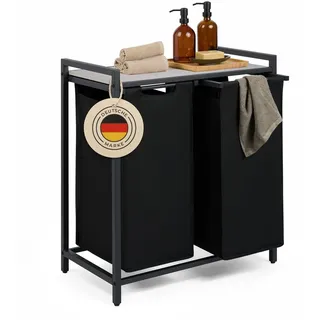 Blumtal Wäschesammler 2 Fächer Schwarz - Wäschekorb mit Ablage in Beton-Optik - Wäscheschrank mit Metall-Rahmen in Schwarz - Wäschekorb mit Beinen - Wäschesortierer 2 Fächer/Schmutzwäschebehälter