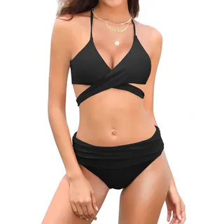 SHEKINI Damen Geteilter Push Up Bikini Set - Neckholder Oberteil Mit High Waist Bottom - Dunkle Farbe Zweiteiliger Badeanzug Sport - S